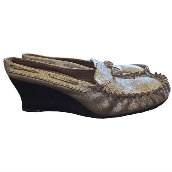 SAM EDELMAN LEATHER WOOD WEDGE MULE MOCCASINS IN DISTRESSED SILVER SIZE 9.5M - Picture 3 of 6